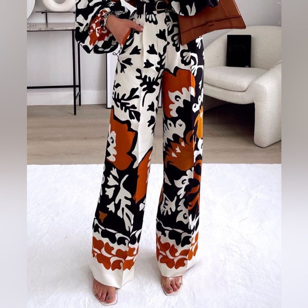 NWT Wide Leg Darted Trouser, Cream/Black/Rust/Pumpkin Color, Zara XS